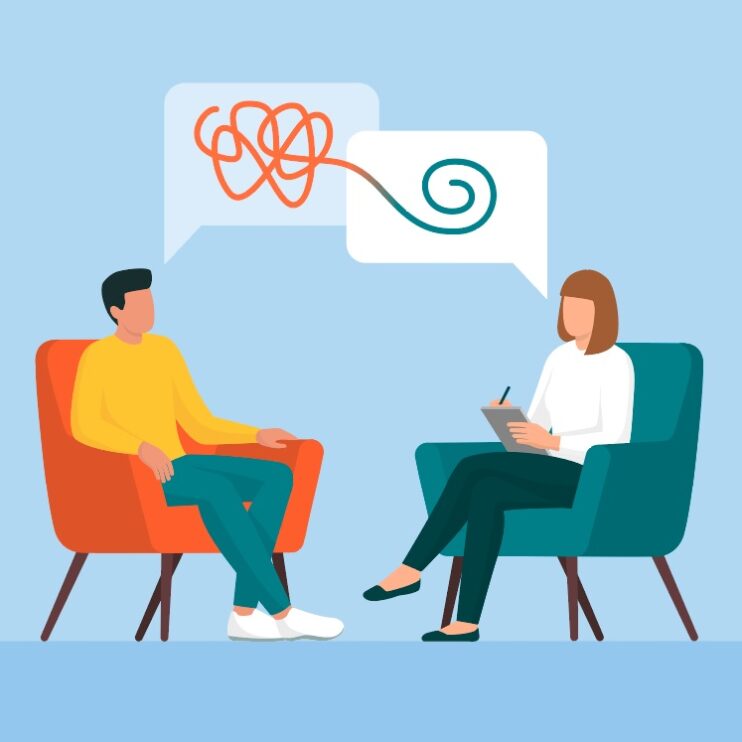 Graphic of two characters sitting and chatting